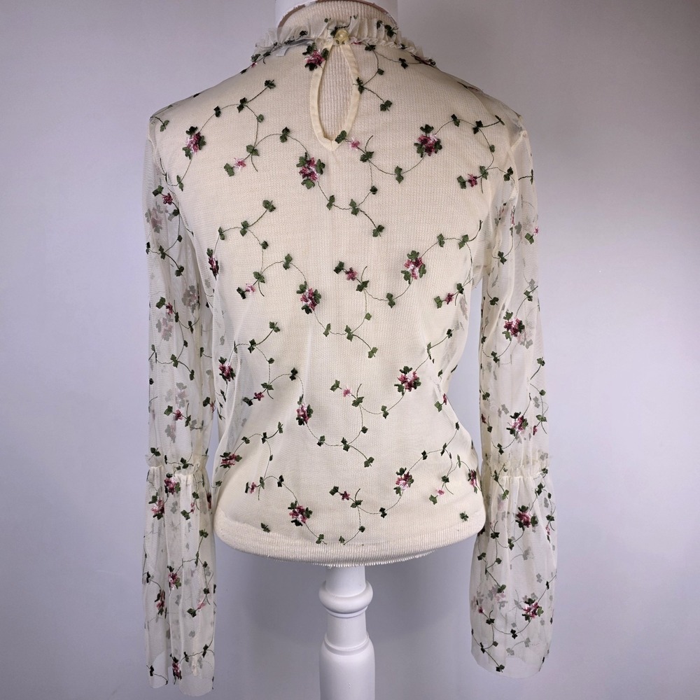 Ro&De Women's S Sheer Mesh Top Floral Embroidered Bell Sleeve White Mock Neck - Picture 3 of 11